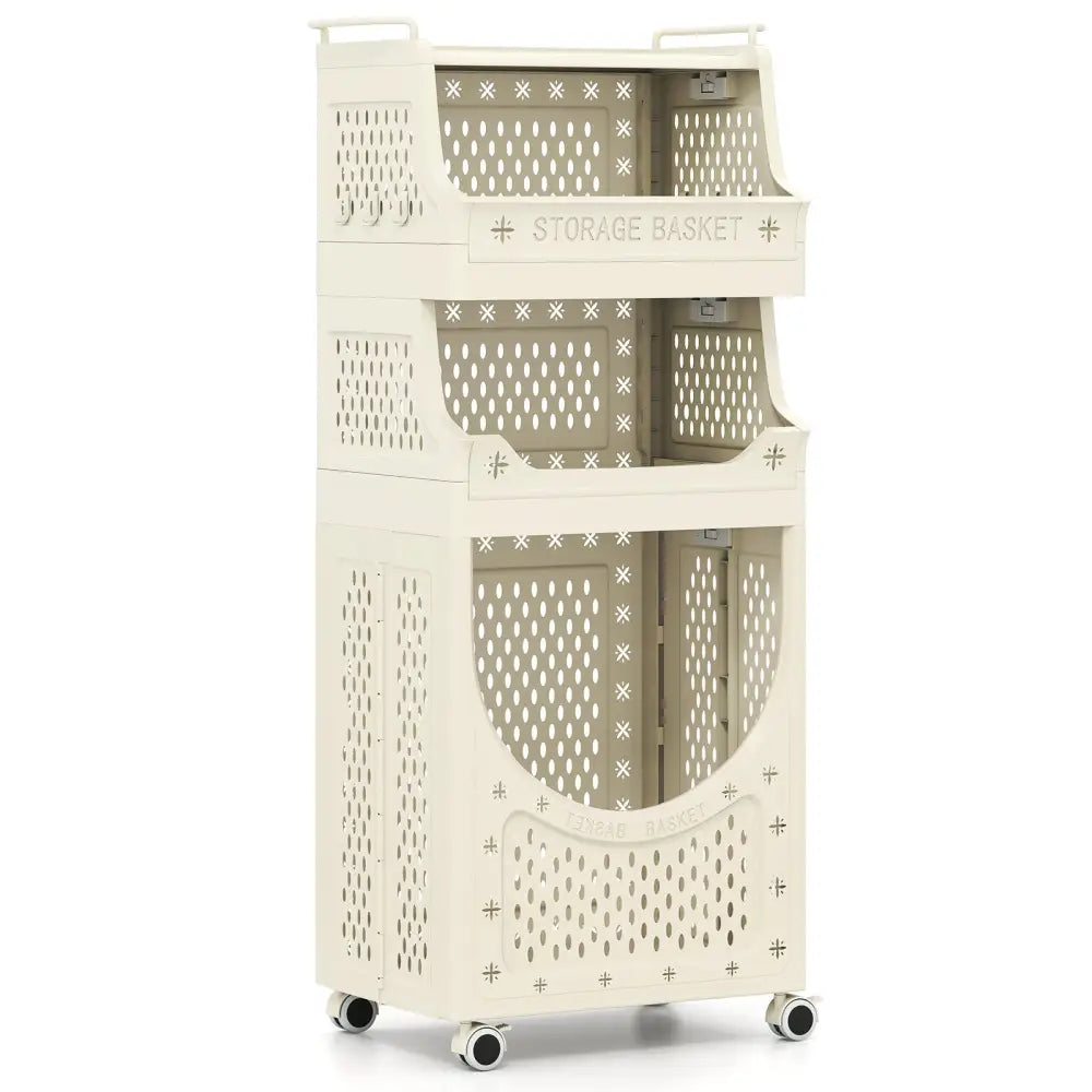 4-Tier Laundry Cart Folding Hamper with Lockable Wheels - Beige - Laundry Baskets