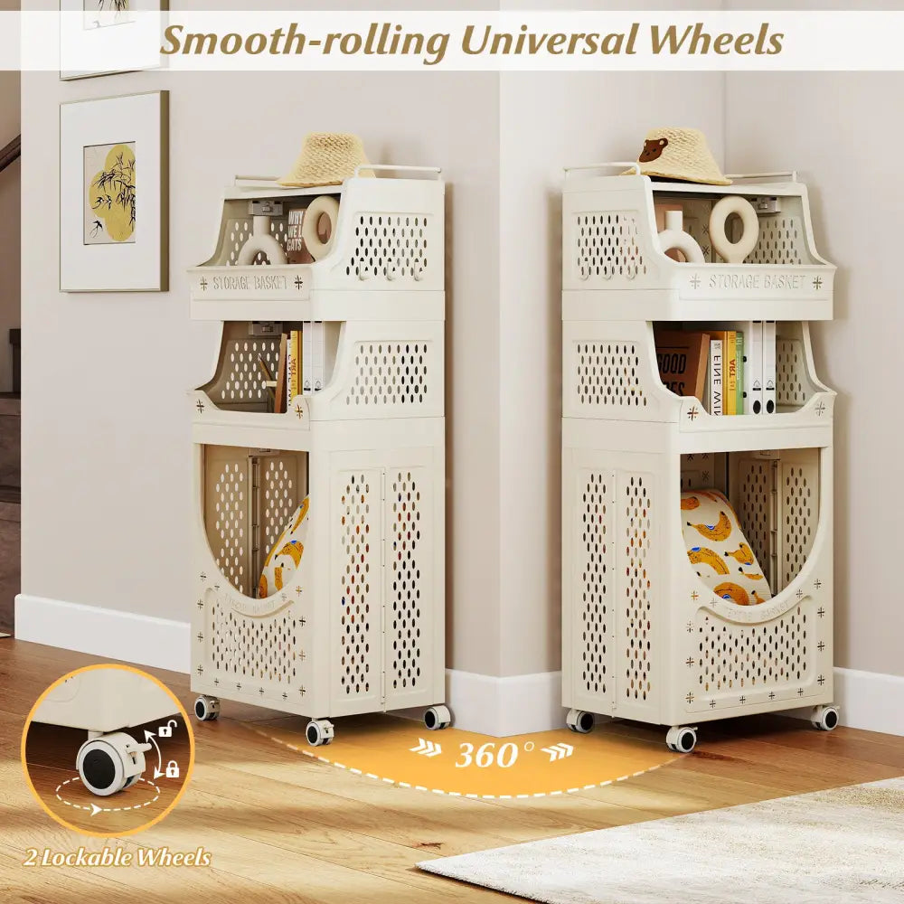 4-Tier Laundry Cart Folding Hamper with Lockable Wheels - Beige - Laundry Baskets