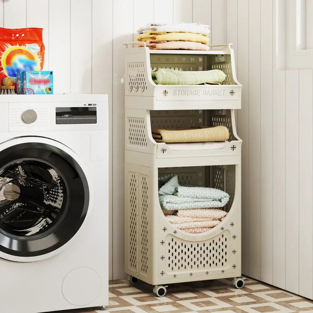 4-Tier Laundry Cart Folding Hamper with Lockable Wheels - Beige - Laundry Baskets