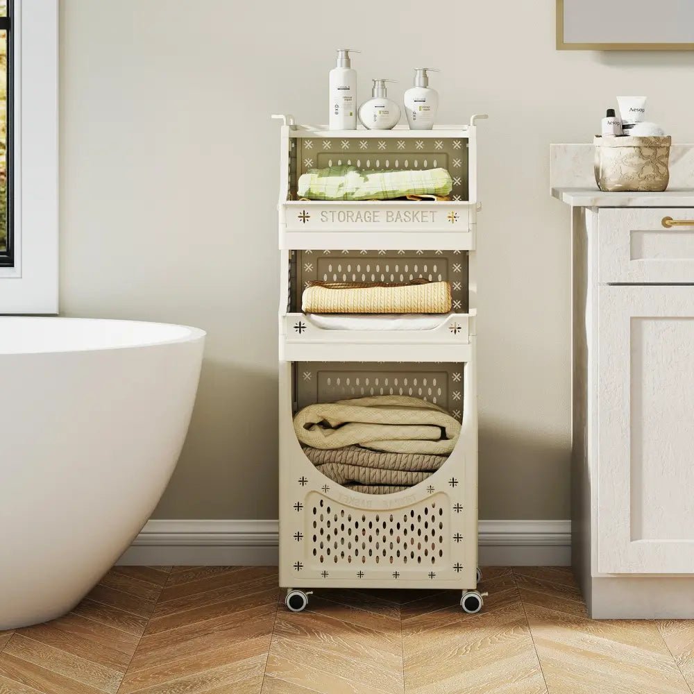 4-Tier Laundry Cart Folding Hamper with Lockable Wheels - Beige - Laundry Baskets