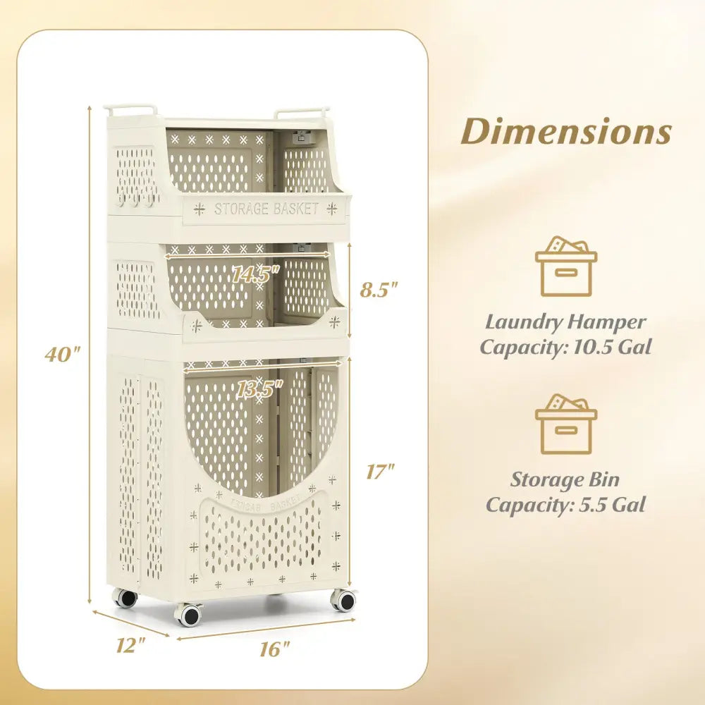 4-Tier Laundry Cart Folding Hamper with Lockable Wheels - Beige - Laundry Baskets