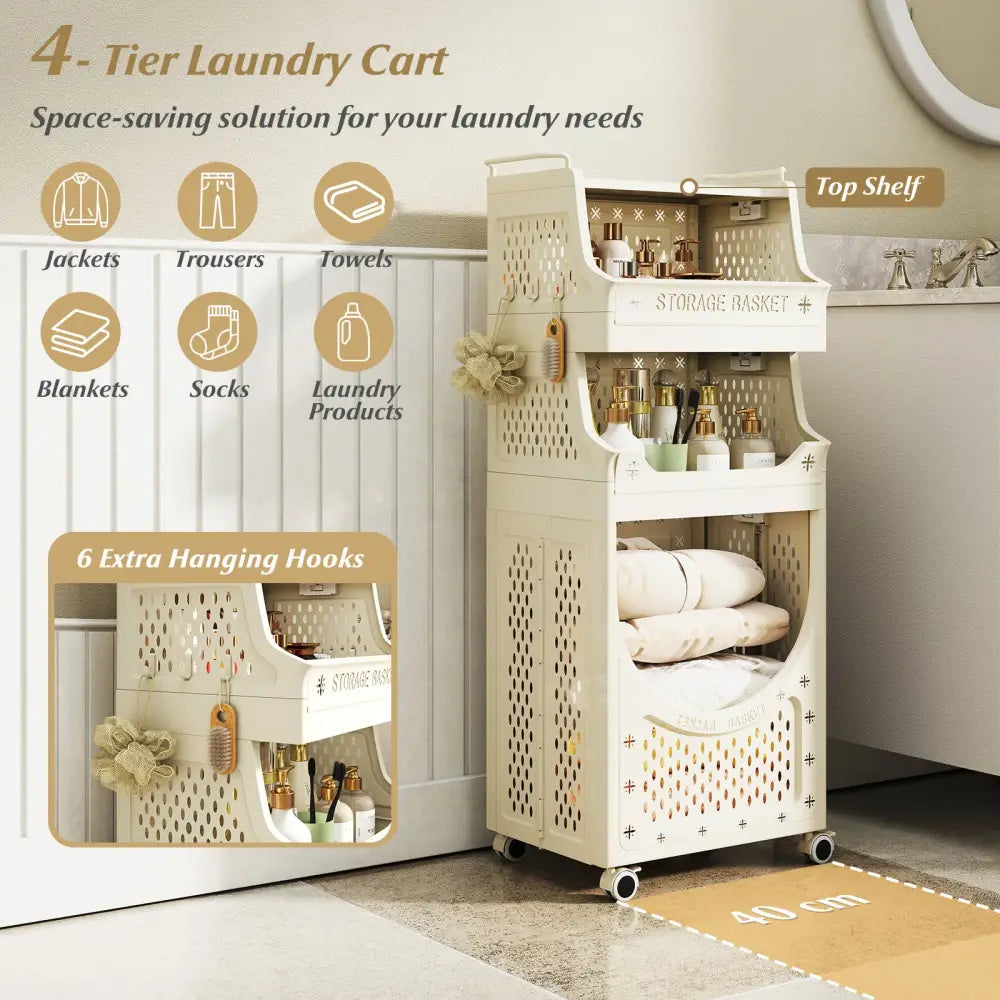 4-Tier Laundry Cart Folding Hamper with Lockable Wheels - Beige - Laundry Baskets