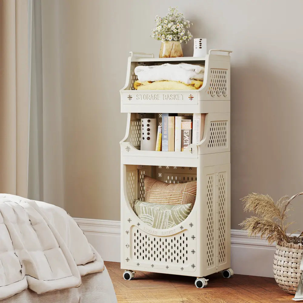 4-Tier Laundry Cart Folding Hamper with Lockable Wheels - Beige - Laundry Baskets
