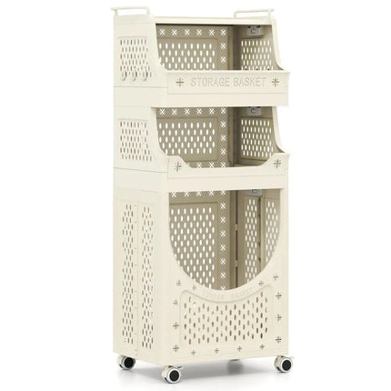 4-Tier Laundry Cart Folding Hamper with Lockable Wheels - Beige - Laundry Baskets