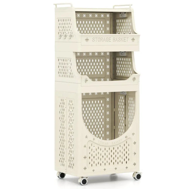 4-Tier Laundry Cart Folding Hamper with Lockable Wheels - Beige - Laundry Baskets
