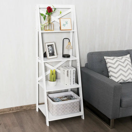 4-tier Leaning Free Standing Ladder Shelf Bookcase-White Costway