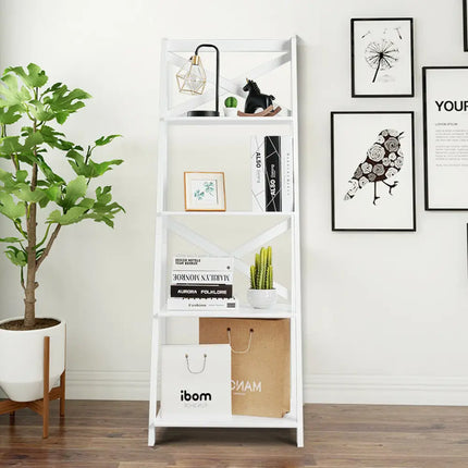 4-tier Leaning Free Standing Ladder Shelf Bookcase-White Costway
