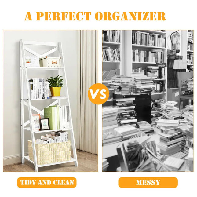 4-tier Leaning Free Standing Ladder Shelf Bookcase-White Costway