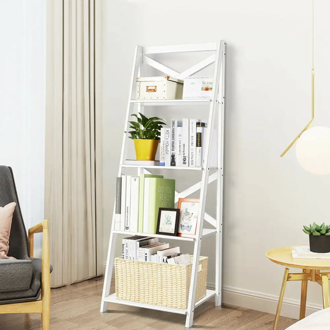 4-tier Leaning Free Standing Ladder Shelf Bookcase-White Costway