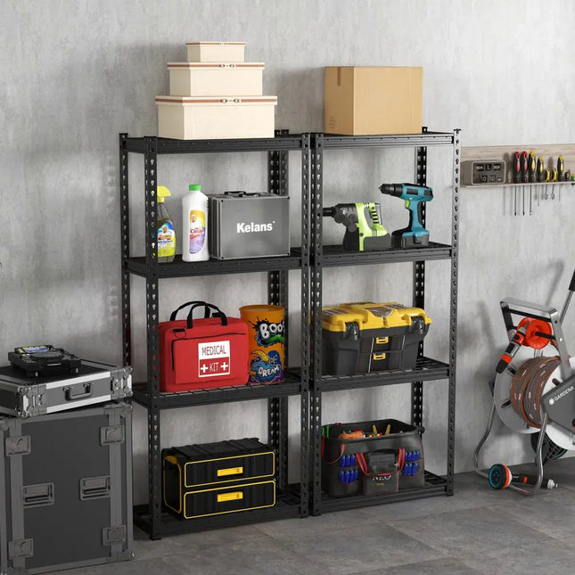 4-Tier Metal Shelving Unit with Anti-slip Foot Pad and Anti-tipping Device-Black - Black - Garages