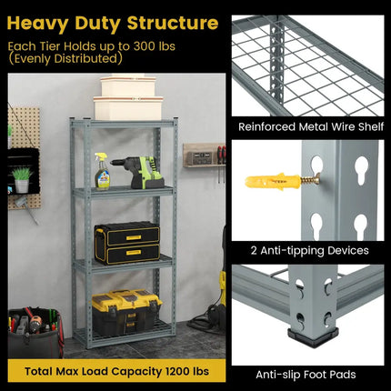 4-Tier Metal Shelving Unit with Anti-slip Foot Pad and Anti-tipping Device-Gray - Gray - Garages