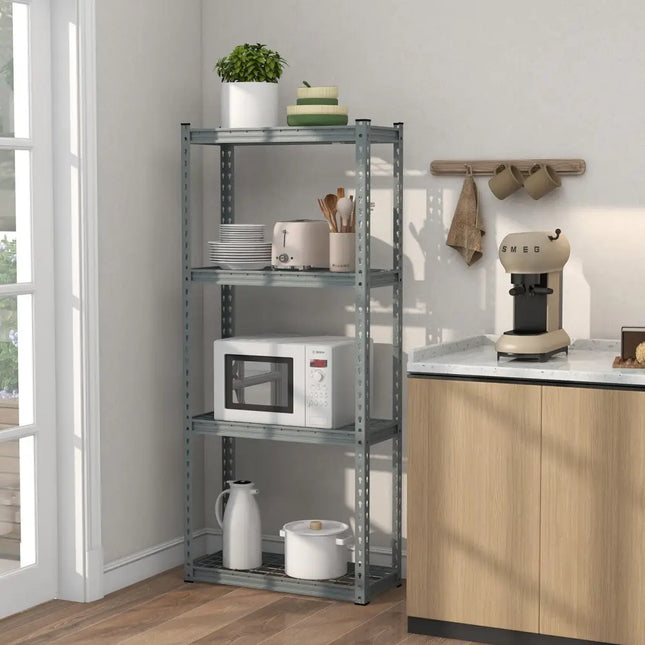 4-Tier Metal Shelving Unit with Anti-slip Foot Pad and Anti-tipping Device-Gray - Gray - Garages