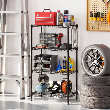 4-Tier Metal Storage Shelving Unit Set of 2 with V-Shaped Wire Rack-Black - Black - Garages