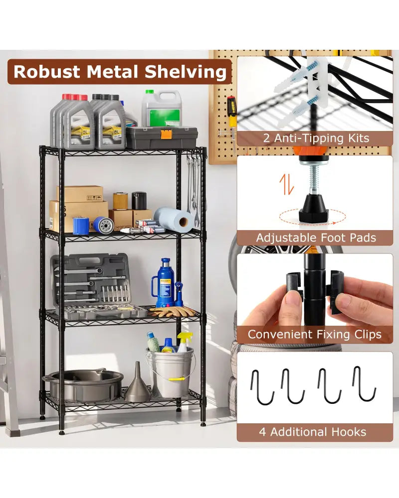 4-Tier Metal Storage Shelving Unit Set of 2 with V-Shaped Wire Rack-Black - Black - Garages