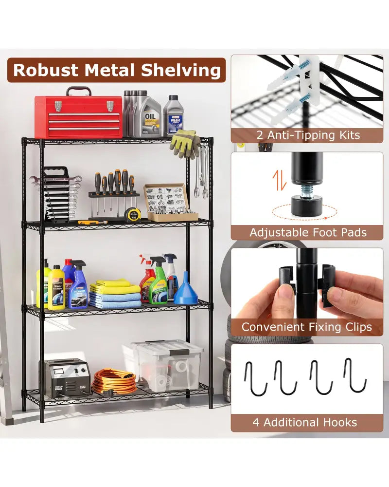 4-Tier Metal Storage Shelving Unit with V-Shaped Wire Rack and 1000 LBS Capacity-Black - Black - Garages