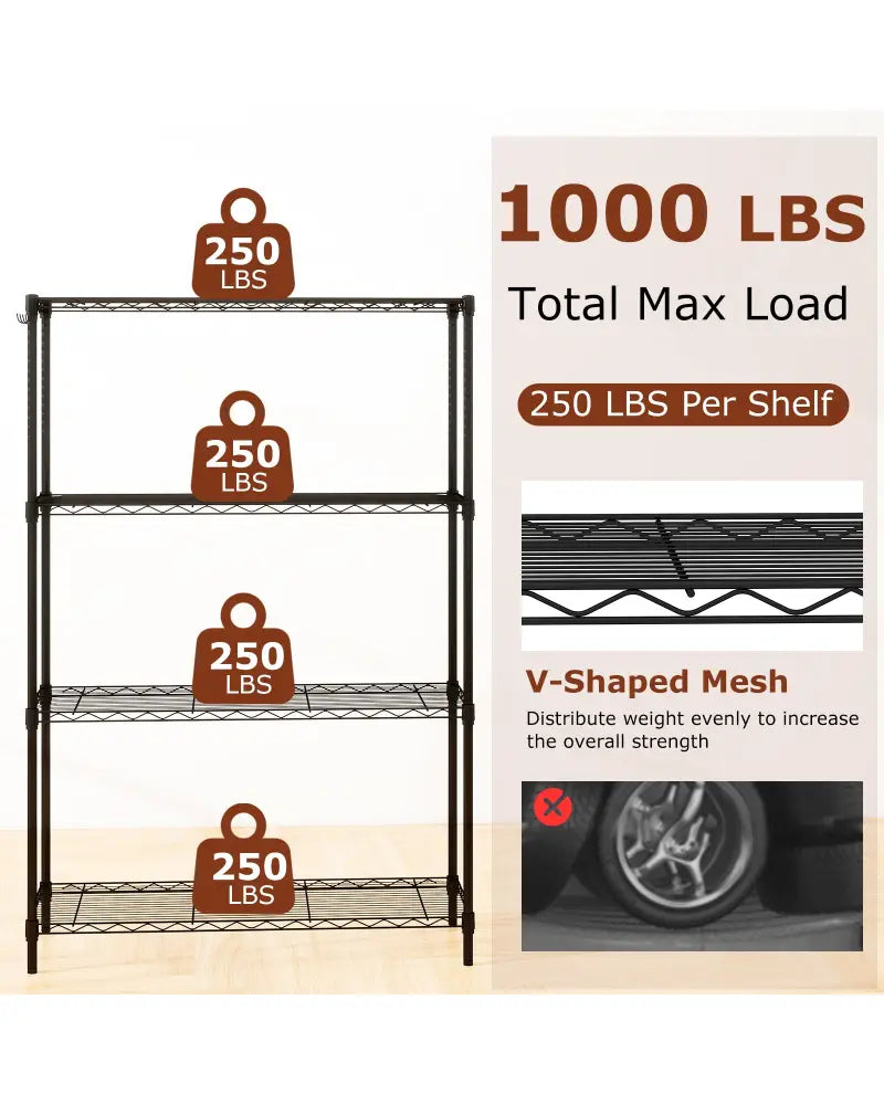 4-Tier Metal Storage Shelving Unit with V-Shaped Wire Rack and 1000 LBS Capacity-Black - Black - Garages