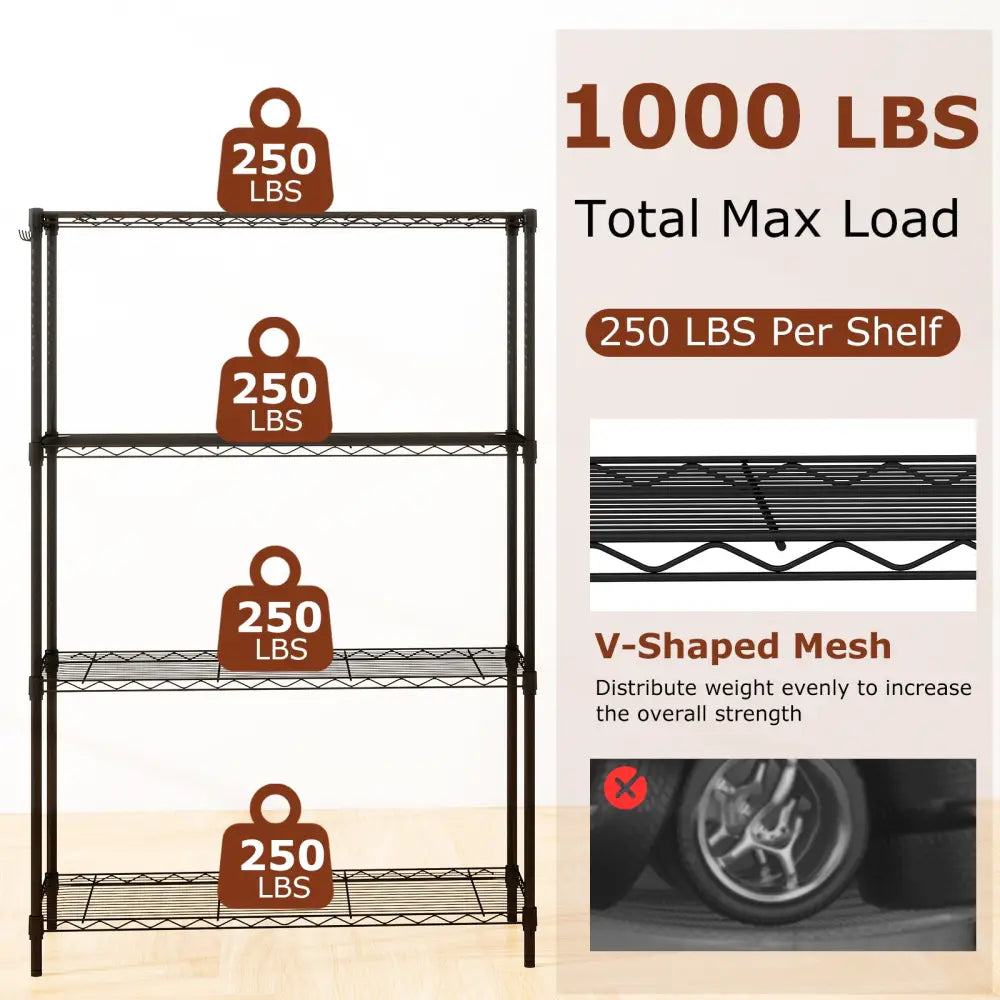 4-Tier Metal Storage Shelving Unit with V-Shaped Wire Rack and 1000 LBS Capacity-Black - Black - Garages