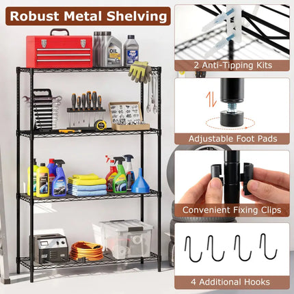 4-Tier Metal Storage Shelving Unit with V-Shaped Wire Rack and 1000 LBS Capacity-Black - Black - Garages