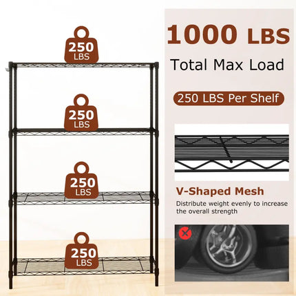 4-Tier Metal Storage Shelving Unit with V-Shaped Wire Rack and 1000 LBS Capacity-Black - Black - Garages