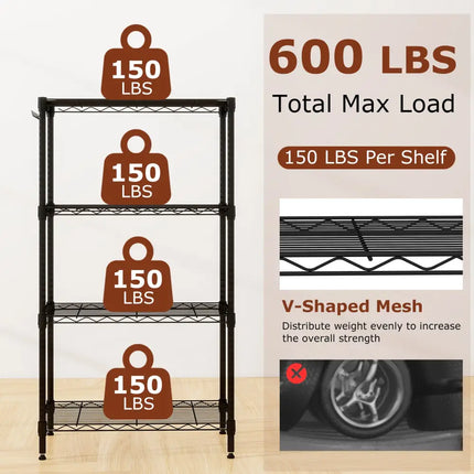 4-Tier Metal Storage Shelving Unit with V-Shaped Wire Rack and 600 LBS Capacity-Black - Black - Garages