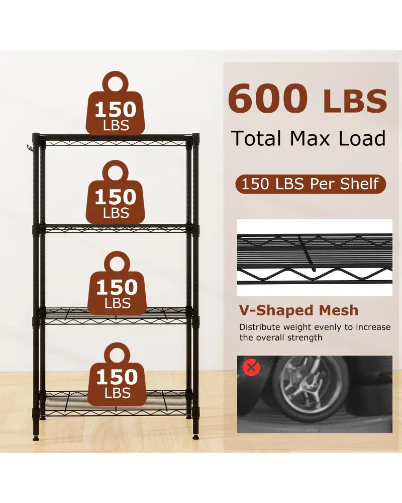 4-Tier Metal Storage Shelving Unit with V-Shaped Wire Rack and 600 LBS Capacity-Black - Black - Garages