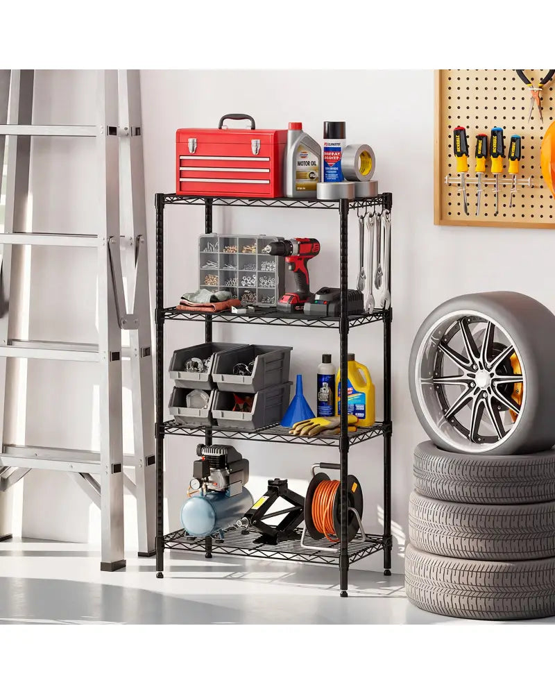 4-Tier Metal Storage Shelving Unit with V-Shaped Wire Rack and 600 LBS Capacity-Black - Black - Garages