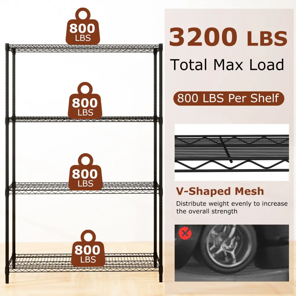 4-Tier Metal Storage Shelving Unit with V-Shaped Wire Rack-Black - Black - Baker’s Racks