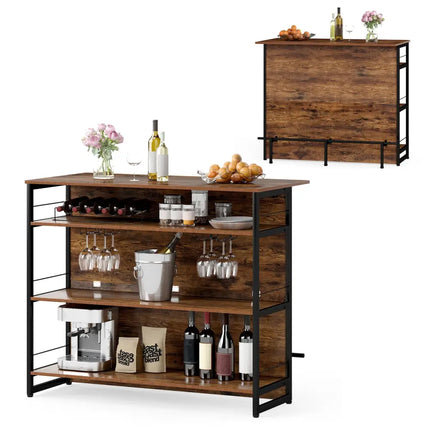 4-Tier Mini Bar Kitchen Island with Footrest and Wine Rack-Coffee Costway