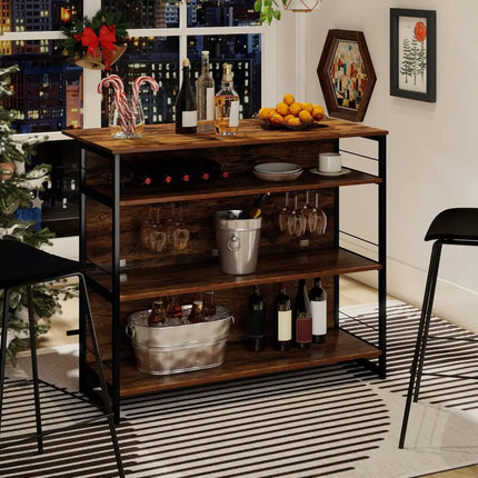 4-Tier Mini Bar Kitchen Island with Footrest and Wine Rack-Coffee Costway