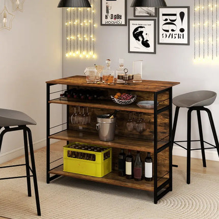 4-Tier Mini Bar Kitchen Island with Footrest and Wine Rack-Coffee Costway