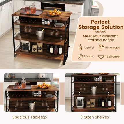4-Tier Mini Bar Kitchen Island with Footrest and Wine Rack-Coffee Costway