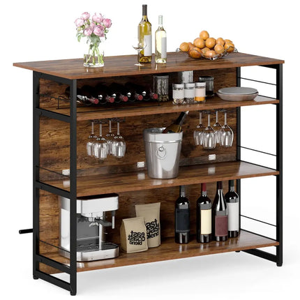 4-Tier Mini Bar Kitchen Island with Footrest and Wine Rack-Coffee Costway