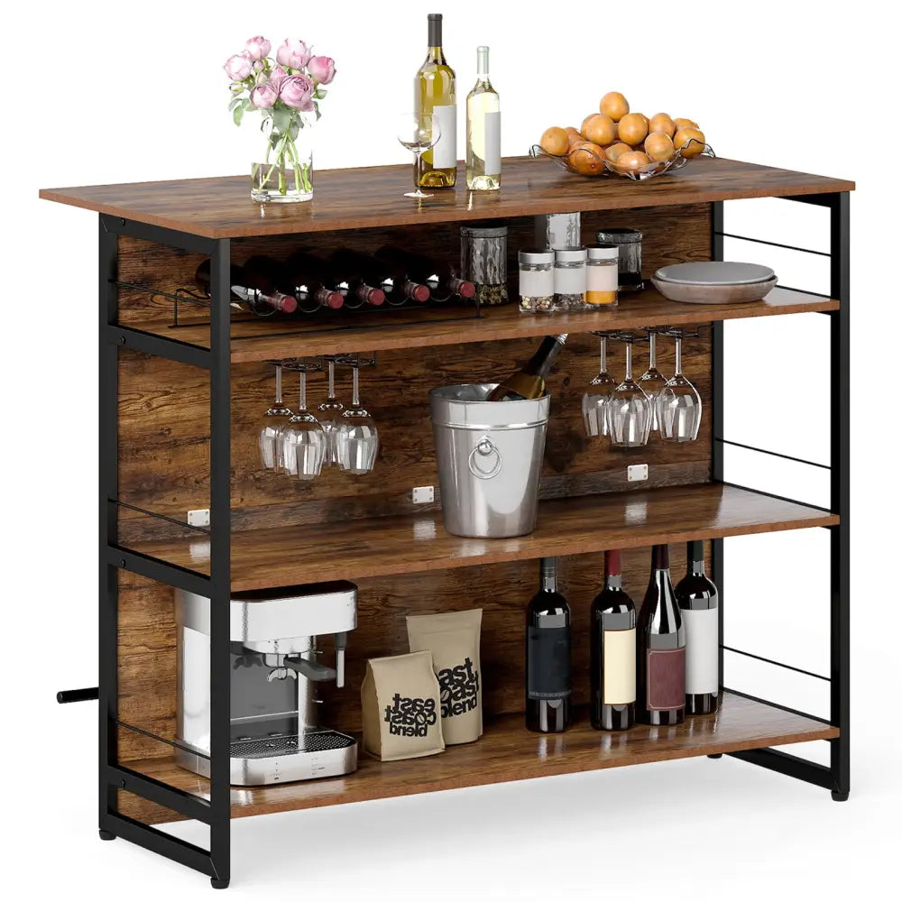 4-Tier Mini Bar Kitchen Island with Footrest and Wine Rack-Coffee - Coffee - Kitchen Islands & Carts