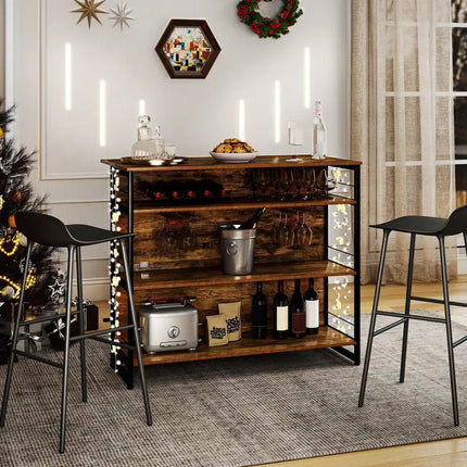 4-Tier Mini Bar Kitchen Island with Footrest and Wine Rack-Coffee Costway