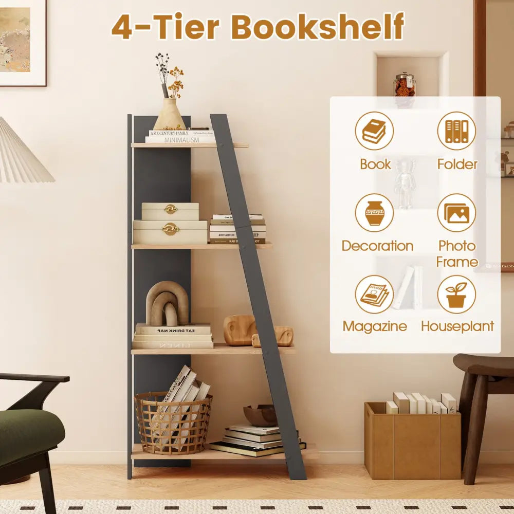 4-Tier Modern Bookshelf Wooden Vertical Display Book Shelf for Small Space-Oak - Oak - Bookcases
