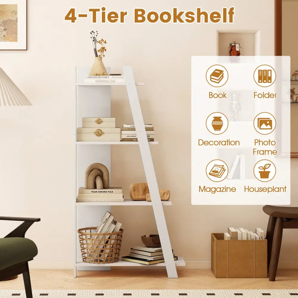 4-Tier Modern Bookshelf Wooden Vertical Display Book Shelf for Small Space-White - White - Bookcases