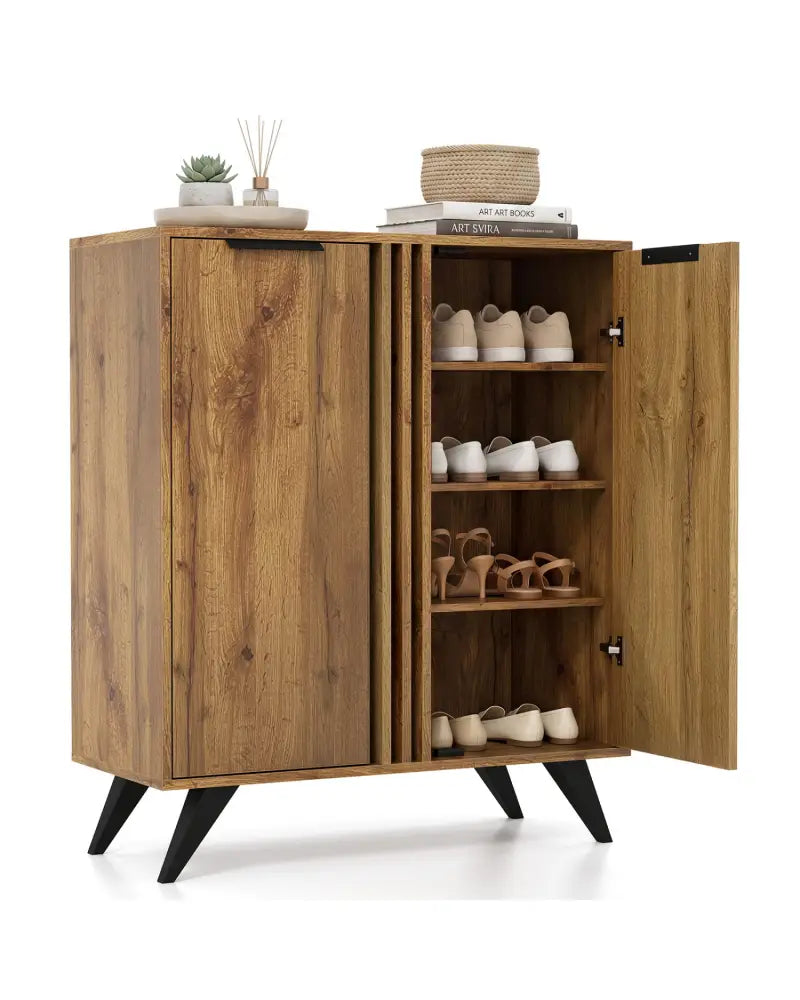 4-Tier Modern Freestanding Hidden Shoe Cabinet with 2 Doors-Natural - Natural - Shoe Racks & Storage Benches