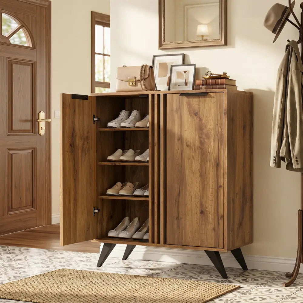 4-Tier Modern Freestanding Hidden Shoe Cabinet with 2 Doors-Natural - Natural - Shoe Racks & Storage Benches