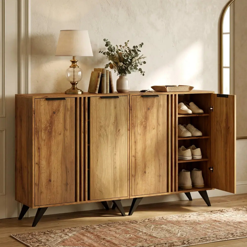 4-Tier Modern Freestanding Hidden Shoe Cabinet with 2 Doors-Natural - Natural - Shoe Racks & Storage Benches