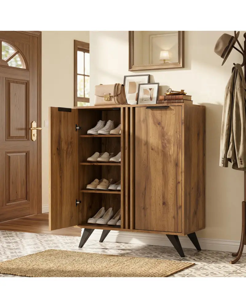 4-Tier Modern Freestanding Hidden Shoe Cabinet with 2 Doors-Natural - Natural - Shoe Racks & Storage Benches