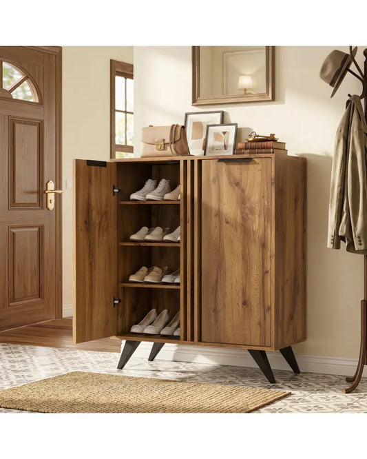 4-Tier Modern Freestanding Hidden Shoe Cabinet with 2 Doors-Natural - Natural - Shoe Racks & Storage Benches