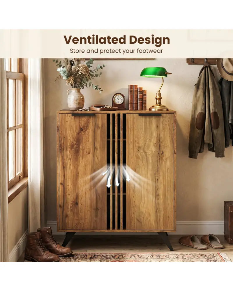 4-Tier Modern Freestanding Hidden Shoe Cabinet with 2 Doors-Natural - Natural - Shoe Racks & Storage Benches