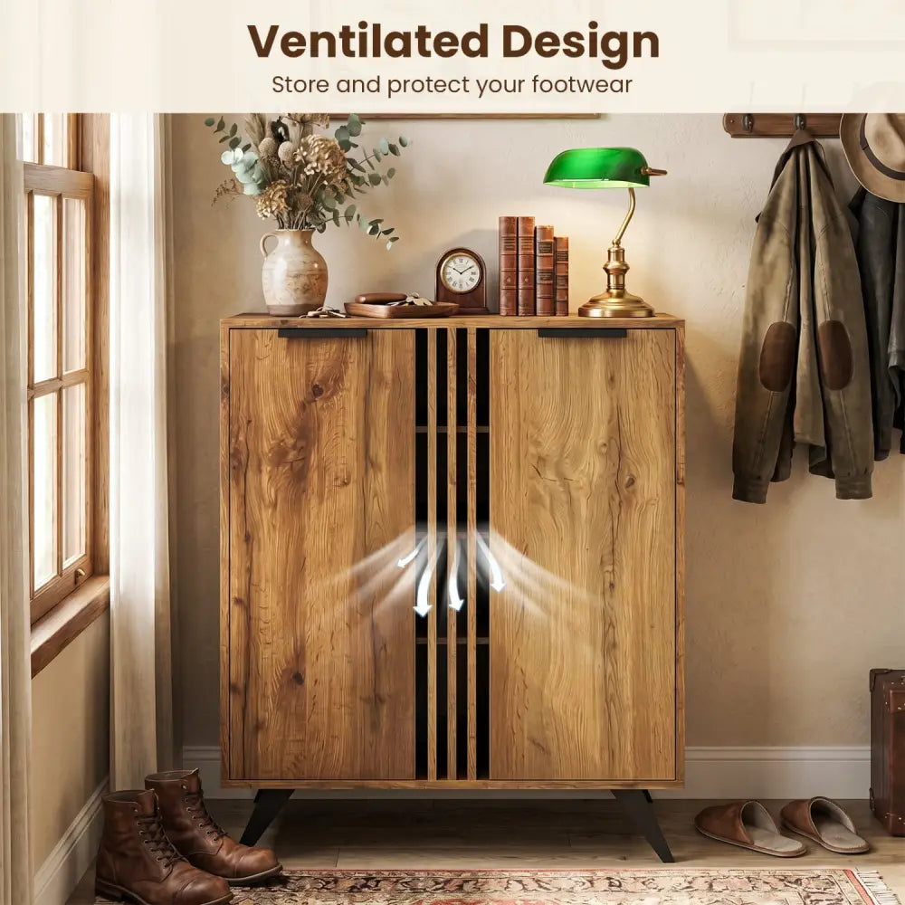 4-Tier Modern Freestanding Hidden Shoe Cabinet with 2 Doors-Natural - Natural - Shoe Racks & Storage Benches
