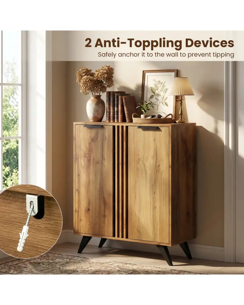 4-Tier Modern Freestanding Hidden Shoe Cabinet with 2 Doors-Natural - Natural - Shoe Racks & Storage Benches