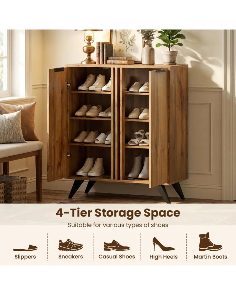 4-Tier Modern Freestanding Hidden Shoe Cabinet with 2 Doors-Natural - Natural - Shoe Racks & Storage Benches