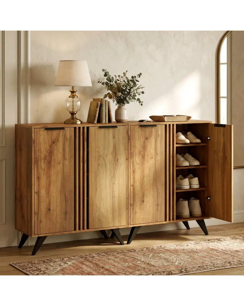 4-Tier Modern Freestanding Hidden Shoe Cabinet with 2 Doors-Natural - Natural - Shoe Racks & Storage Benches