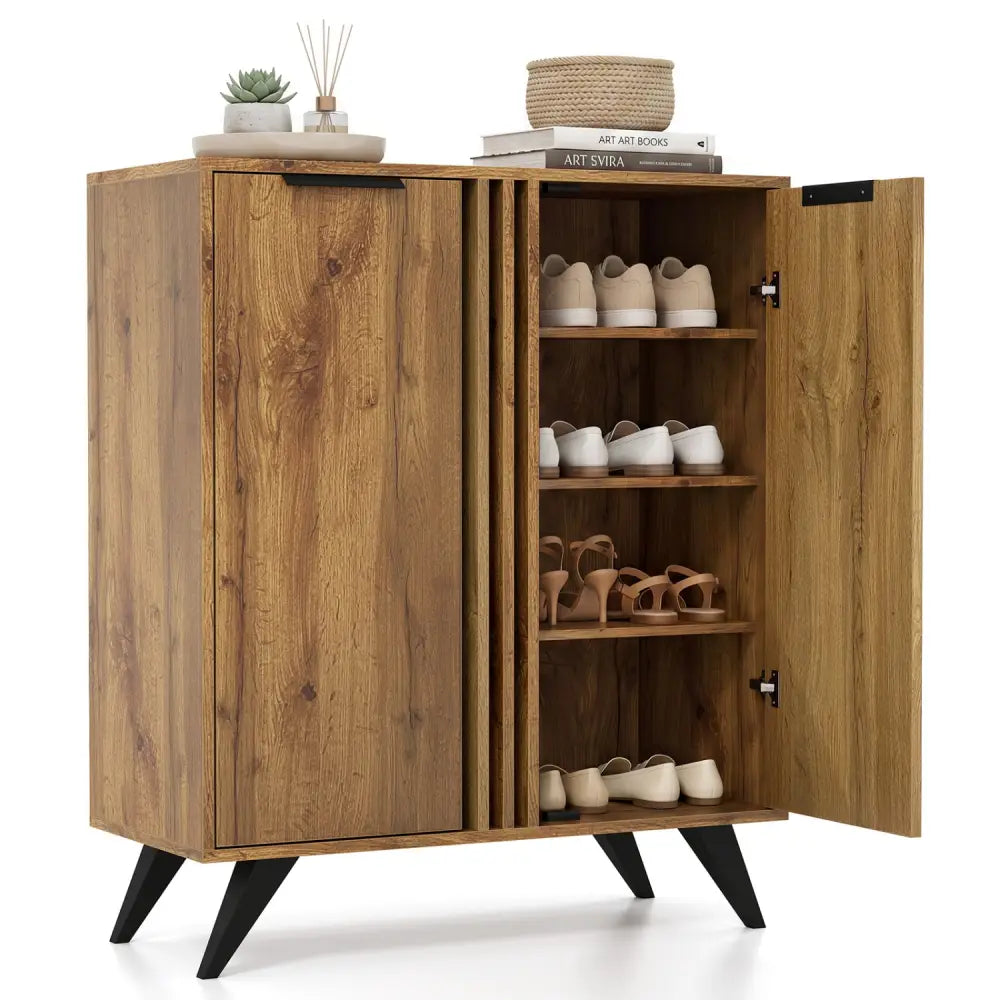 4-Tier Modern Freestanding Hidden Shoe Cabinet with 2 Doors-Natural - Natural - Shoe Racks & Storage Benches