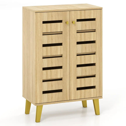 4-Tier Modern Freestanding Wooden Shoe Cabinet with Doors and Removable Shelves-Oak - Oak - Shoe Racks & Storage Benches