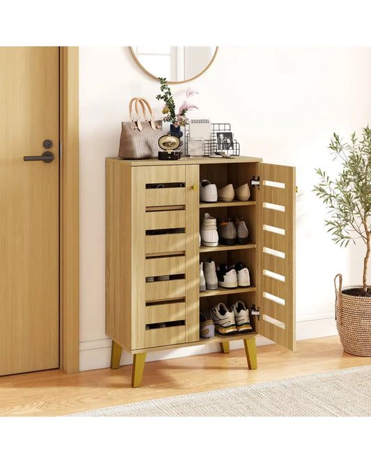 4-Tier Modern Freestanding Wooden Shoe Cabinet with Doors and Removable Shelves-Oak - Oak - Shoe Racks & Storage Benches