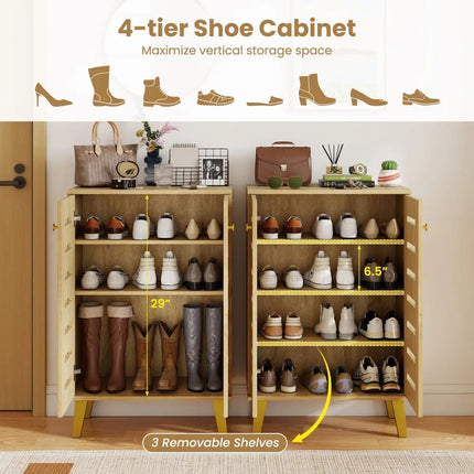 4-Tier Modern Freestanding Wooden Shoe Cabinet with Doors and Removable Shelves-Oak - Oak - Shoe Racks & Storage Benches